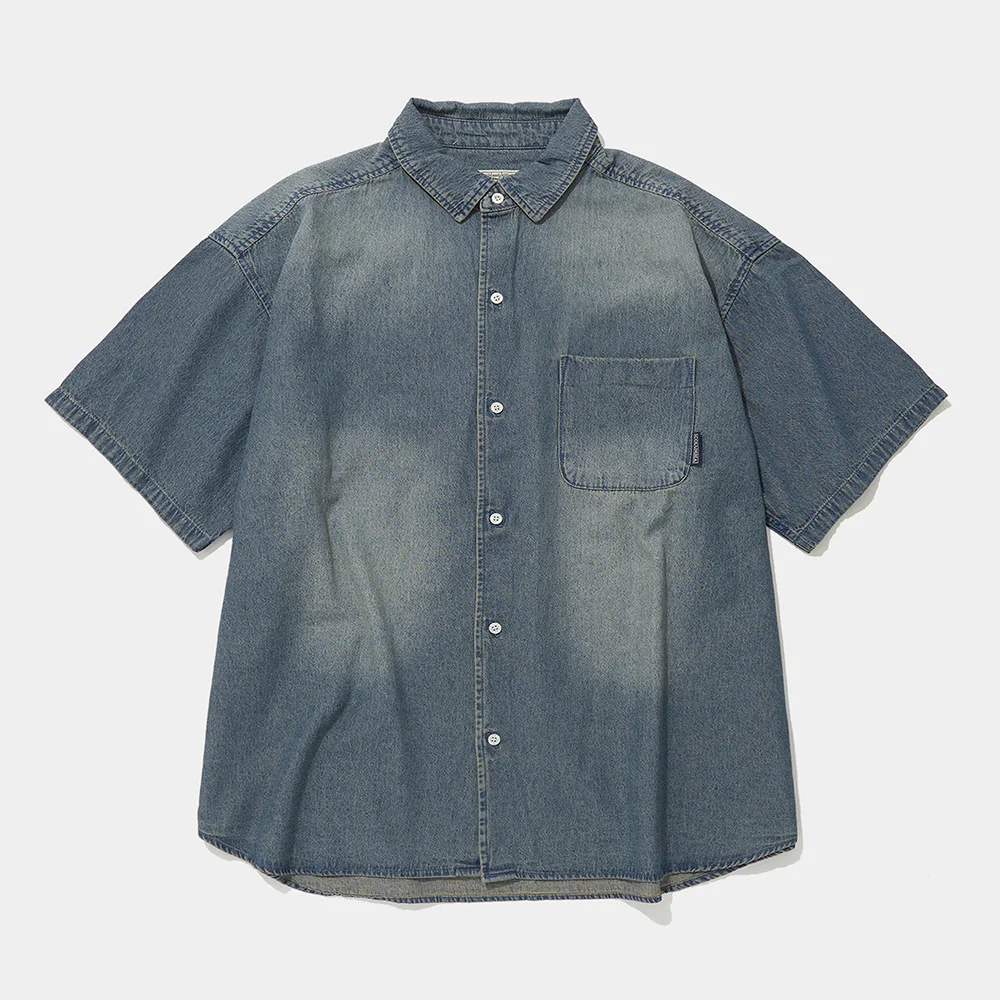 SPRAY WASHED ONE POCKET DENIM S/S SHIRTS_LIGHT JEAN