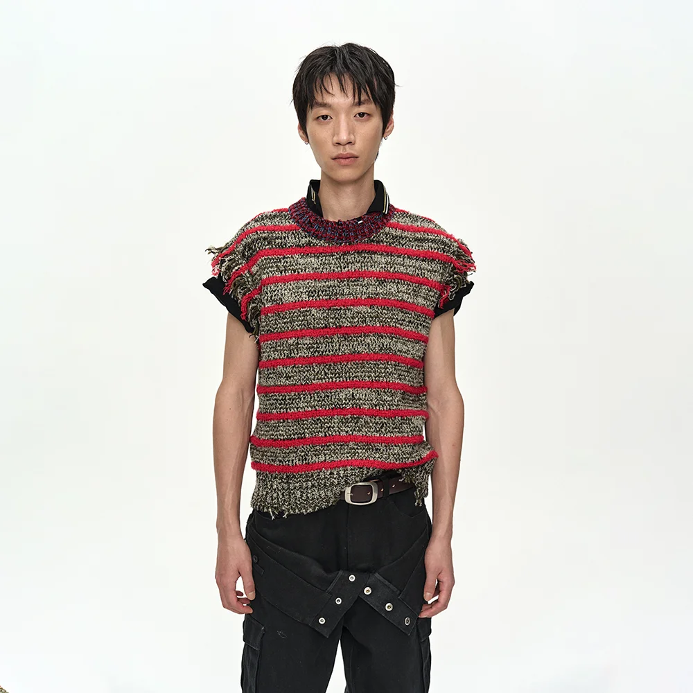 FRINGE STRIPE WOOL CREW-NECK VEST atb1540m(RED/MELANGE)