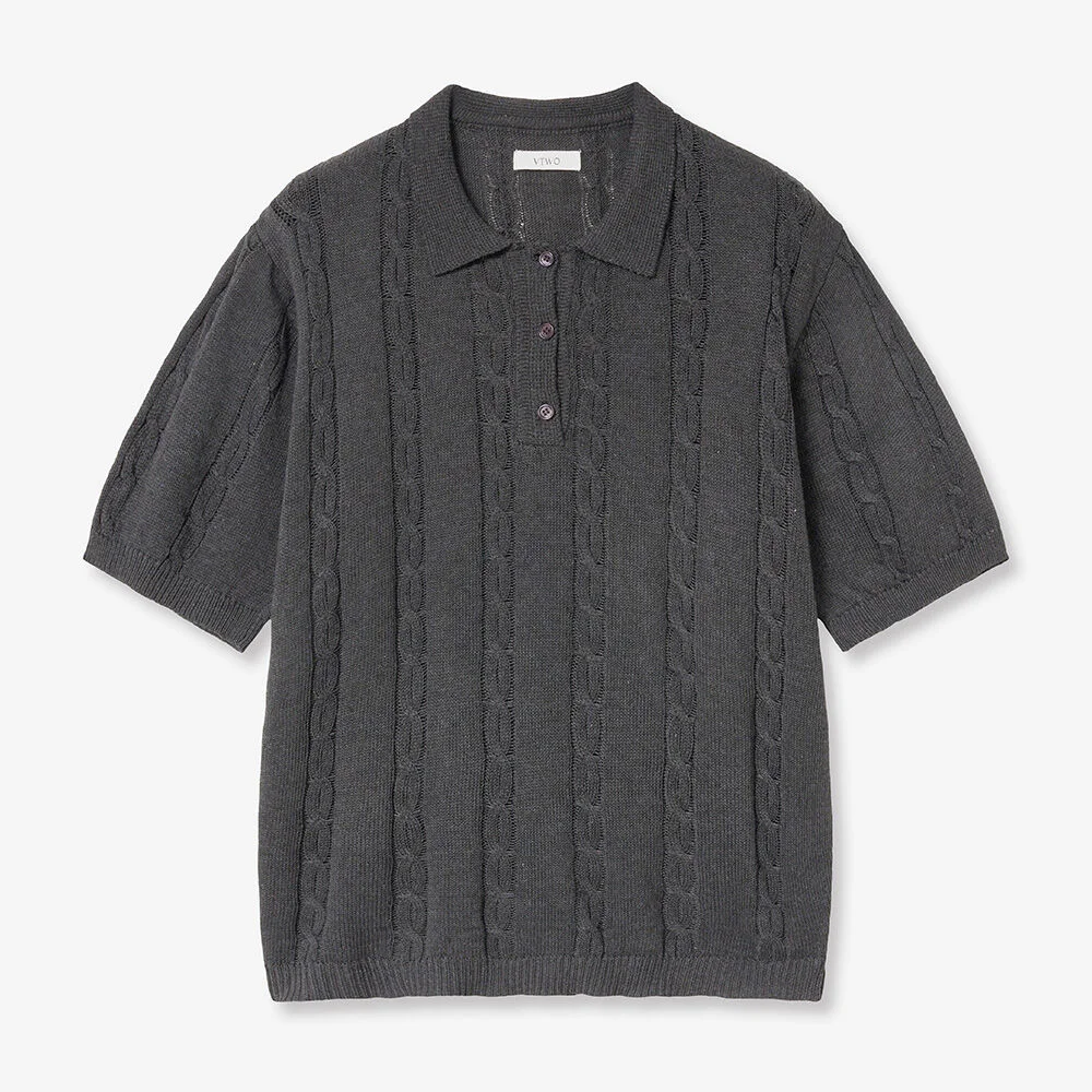 涼感 可水洗 絞花 Polo 針織衫 (CHARCOAL)