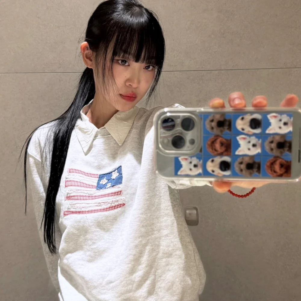 (W) USA FLAG APPLIQUE SWEATSHIRT - LIGHT GRAY