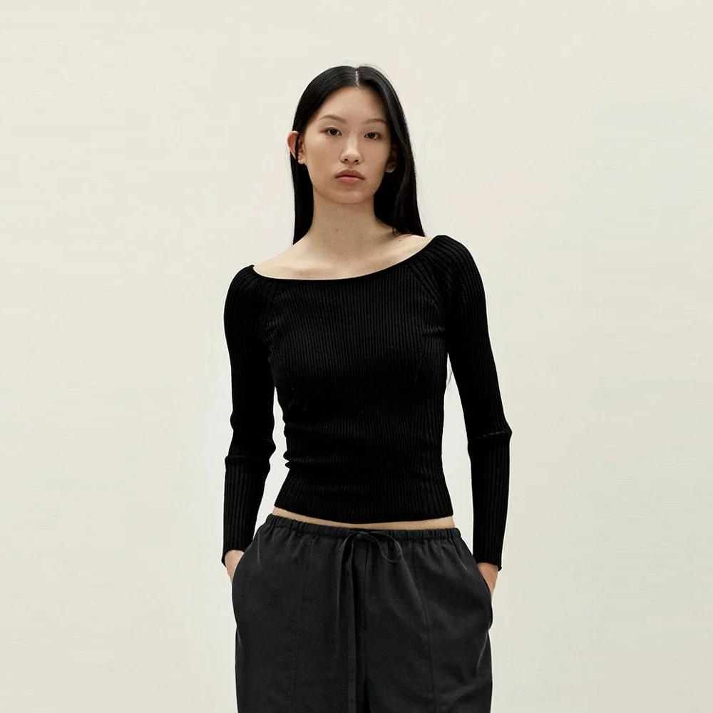Ribbed Scoop Neck Pullover Black(AG5751A035)