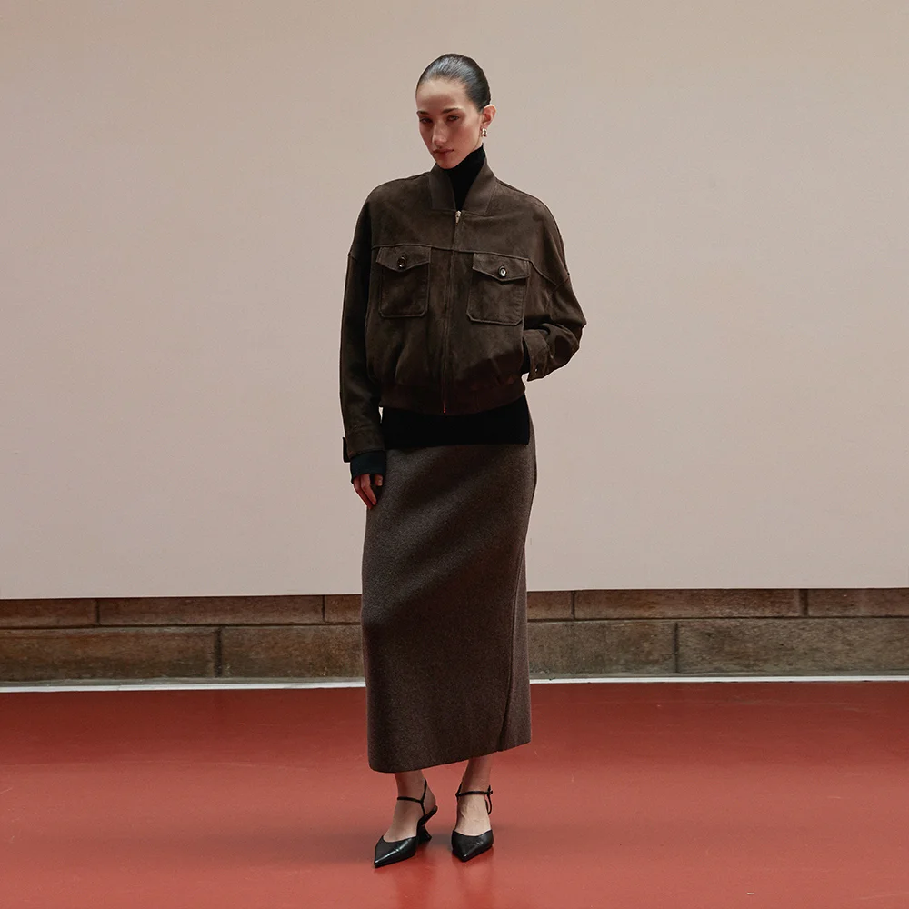 Suede Square-Neck Bomber Jacket_Deep Brown