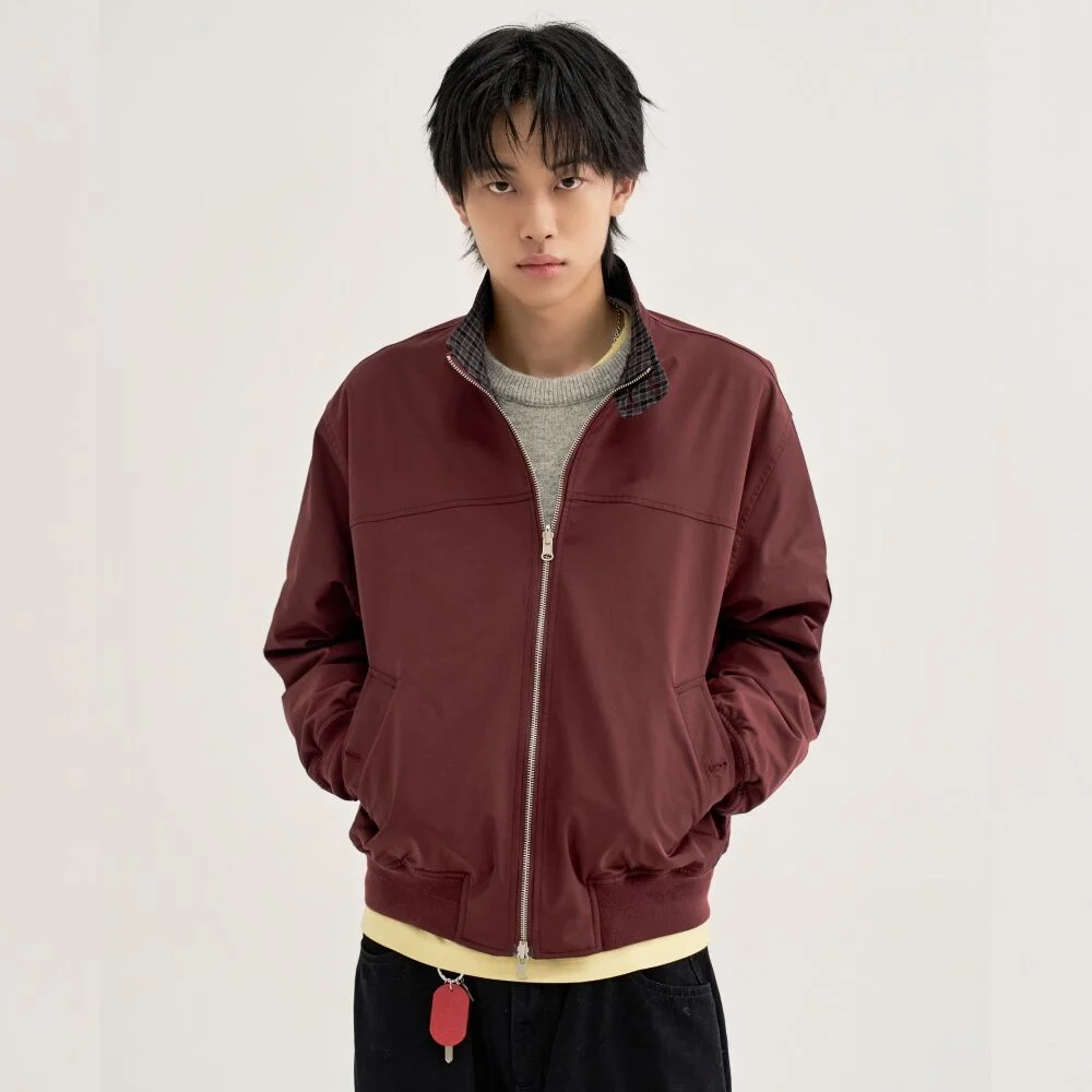 雙面穿 格紋 Harrington 夾克_酒紅色