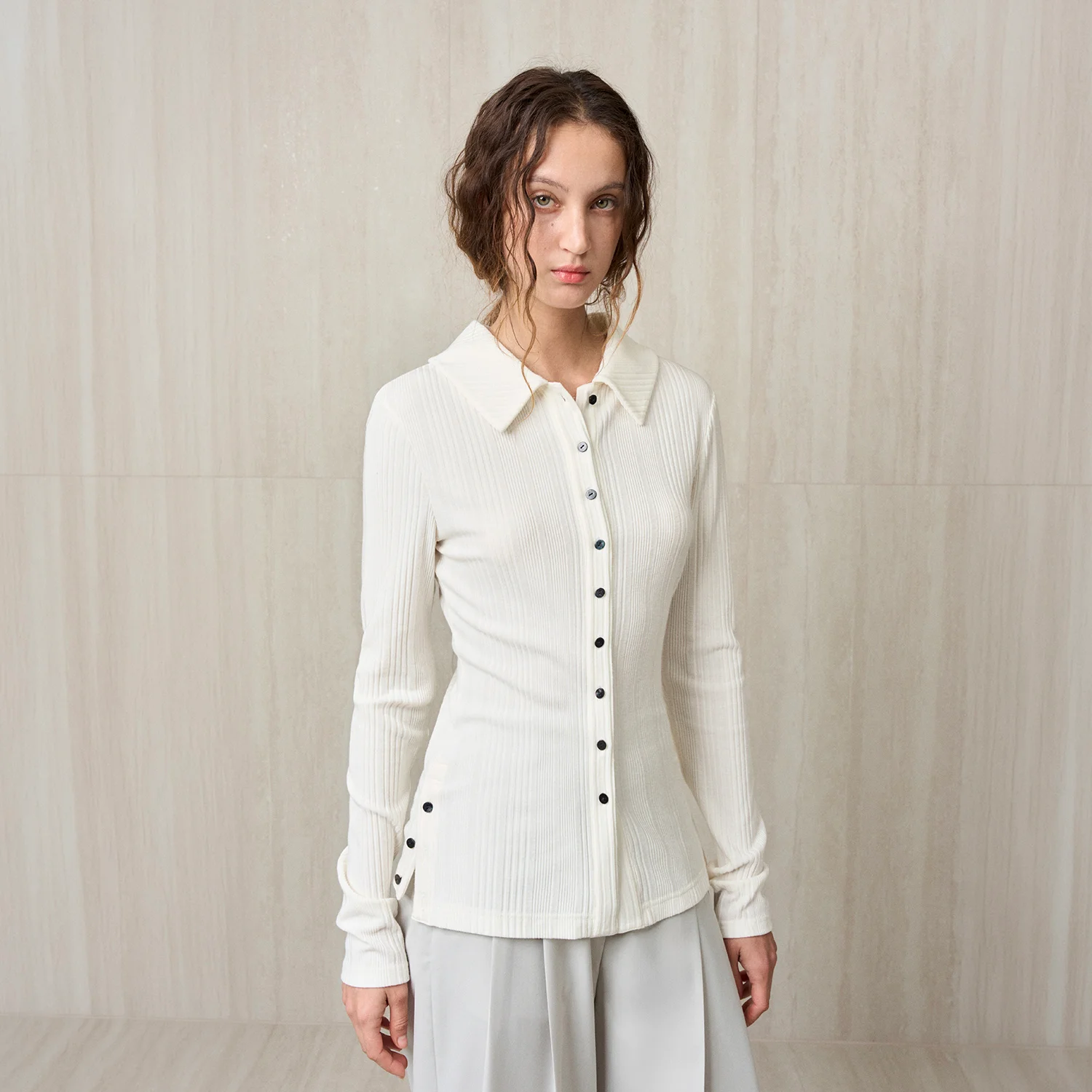 KNIT RIBBED SHIRT TOP IVORY