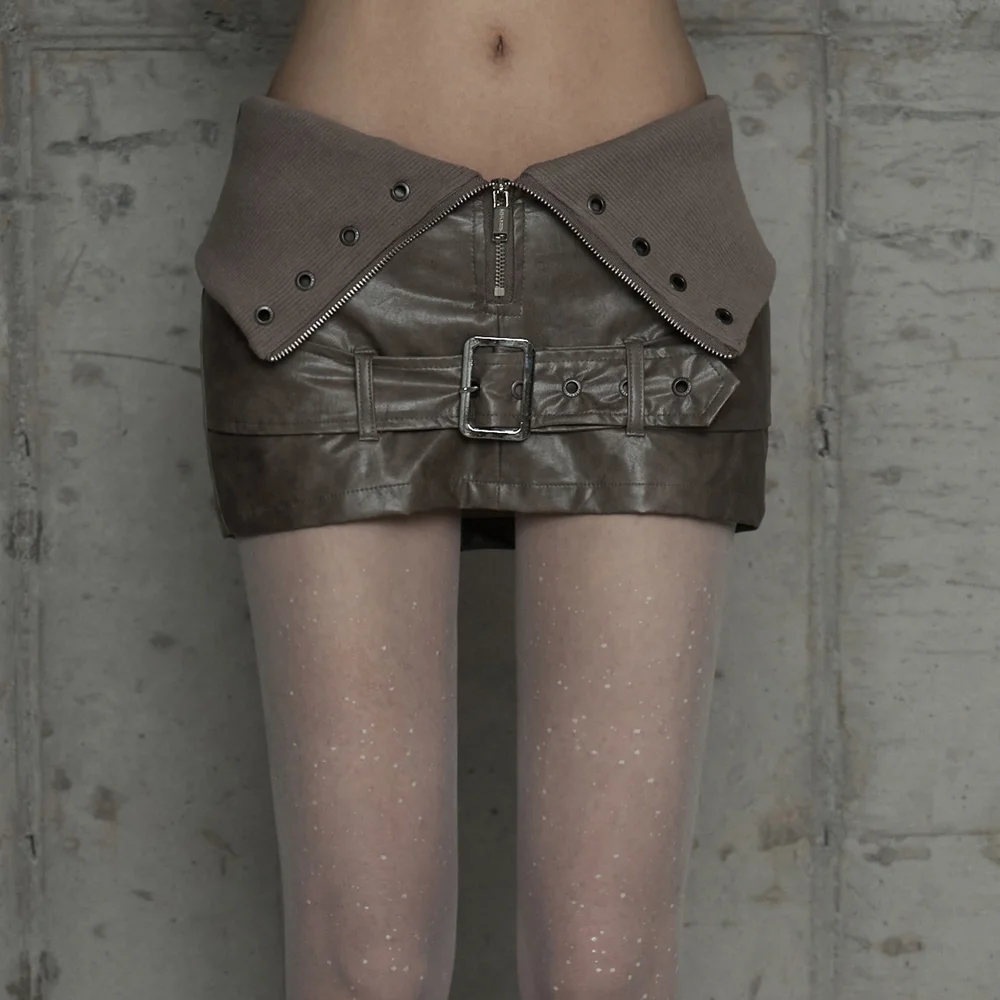 Front Zipper Belt Leather Skirt Pants (Moca)