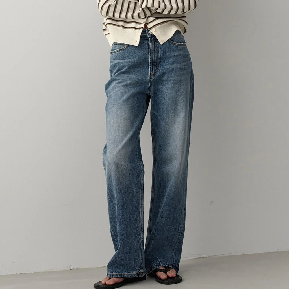 高腰 直筒 牛仔_washed indigo
