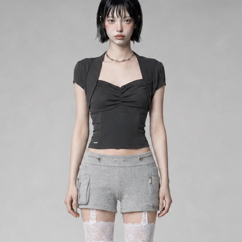 Shirring Eyelet Bolero top (Dark Gray)