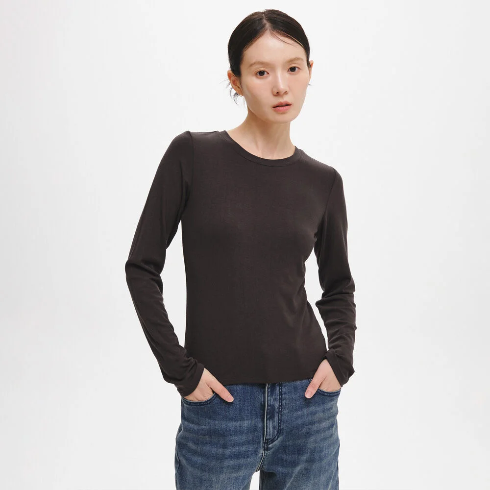 WOMAN 圓領 長袖 T恤_DARK BROWN / GF3LTS504