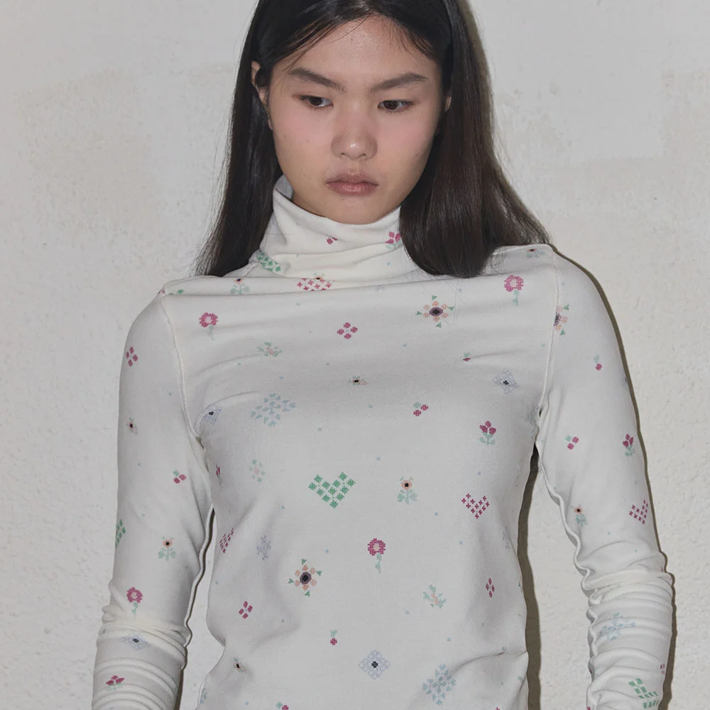Pixel print turtle neck top - Ivory