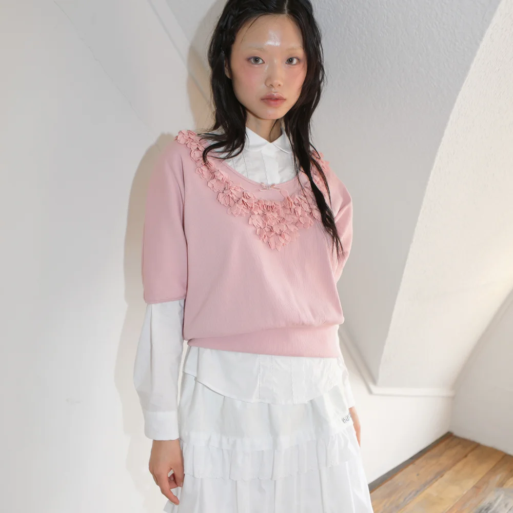 FLOWER DECO RIBBON TOP PINK