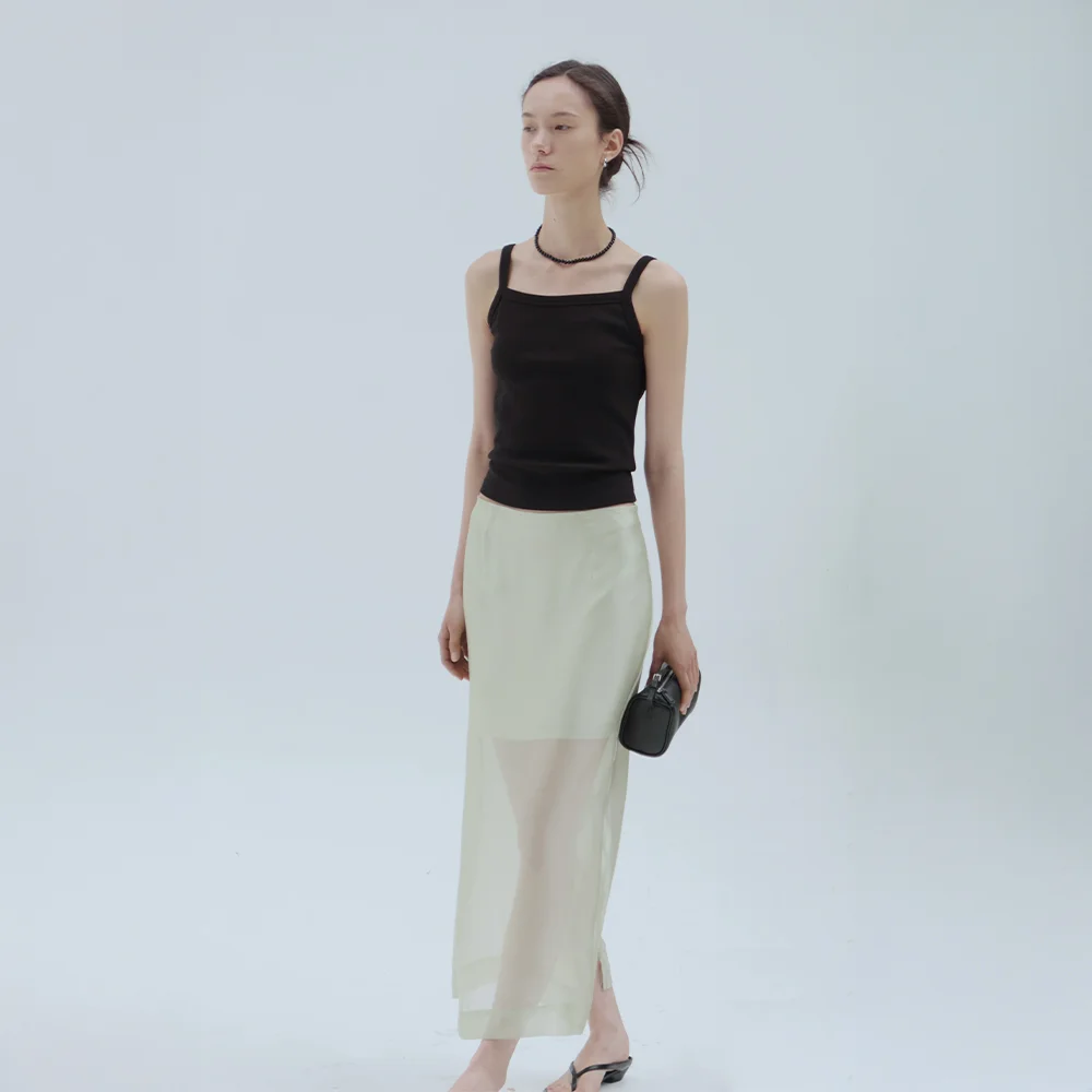 Sheer Glossy Mid-Length Skirt