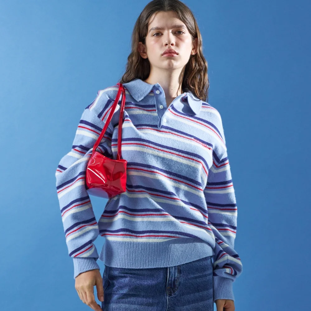 M.C UNISEX, Stripe Wool Collar Knit / Sky blue