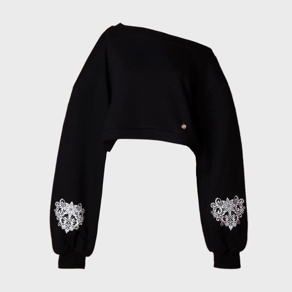 One-Shoulder Crop Sweatshirt-Black