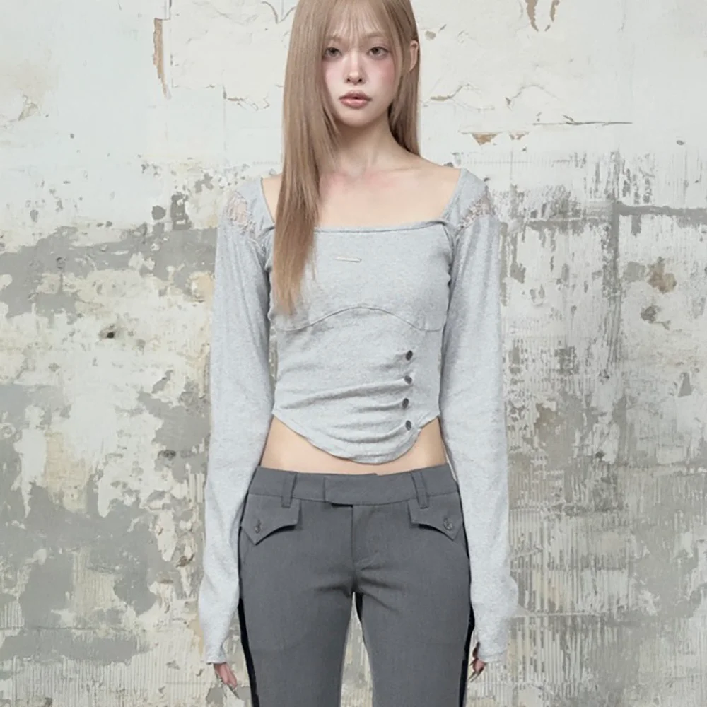 Bust Line Pintuck Detail Long Sleeve (Gray)