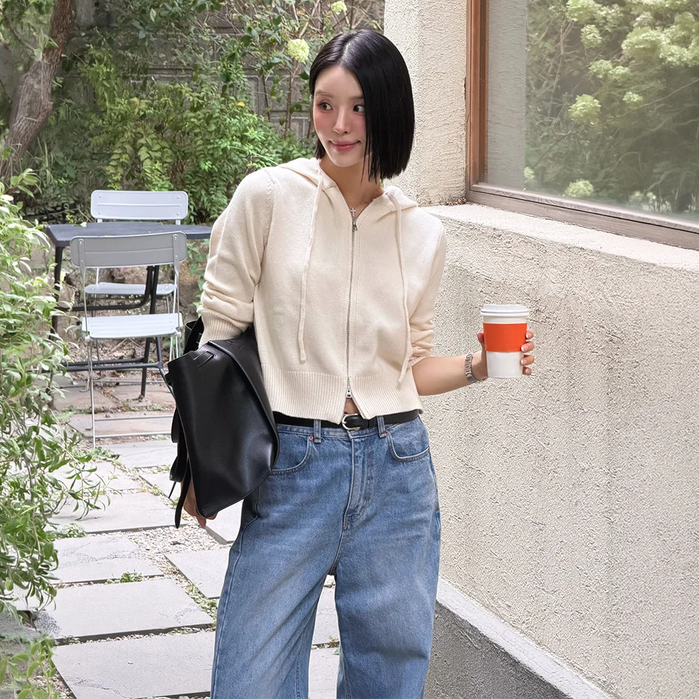 素面 羊毛 連帽衫 拉鏈 針織衫_象牙色 / PLAIN WOOL HOODIE ZIP UP KNIT_IVORY