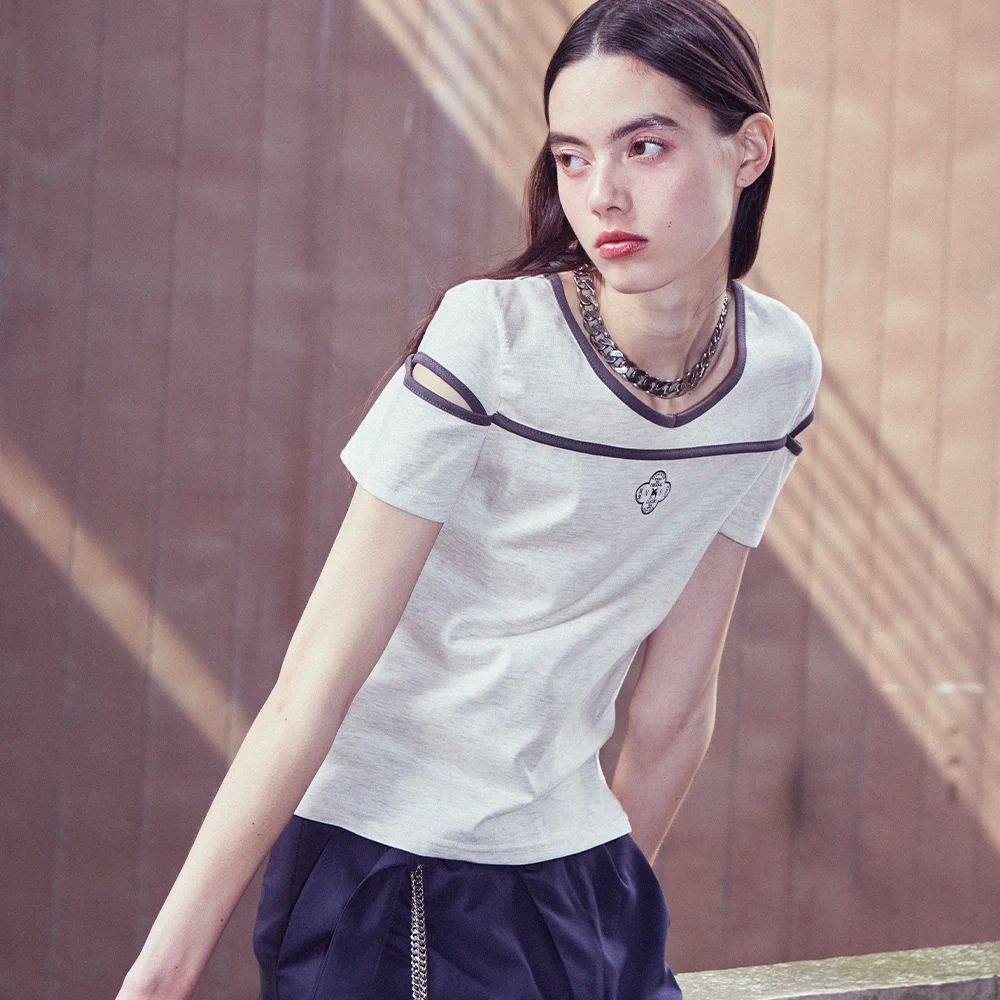 Slit Pipping Print T-shirt (Melange Gray)
