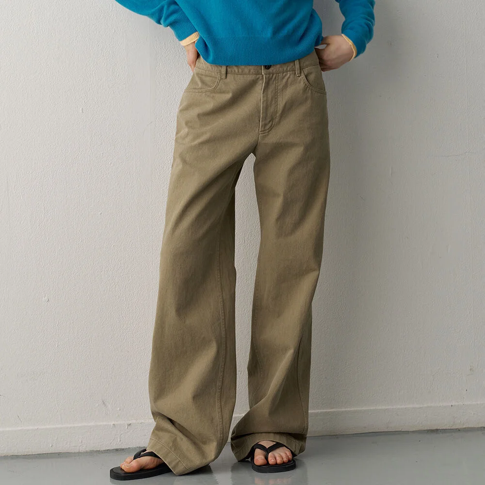 中腰 純棉 褲子_khaki beige