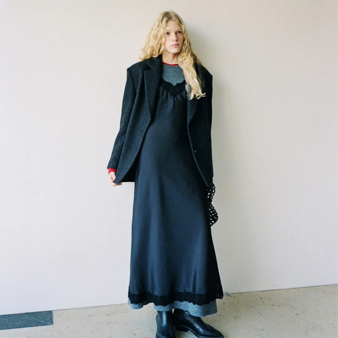 Rib jersey long dress (ivory / melange gray)