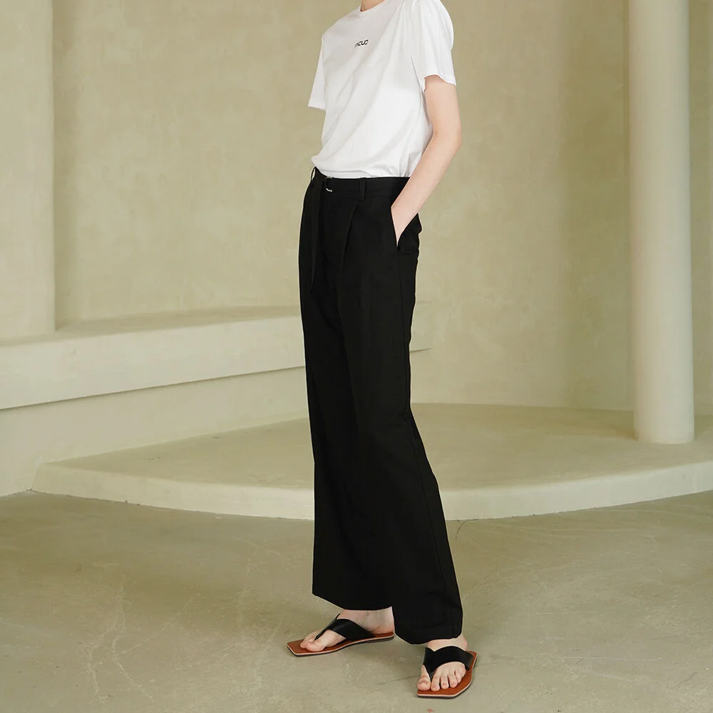 Linen Pintuck Semi-Wide Slacks _ Black
