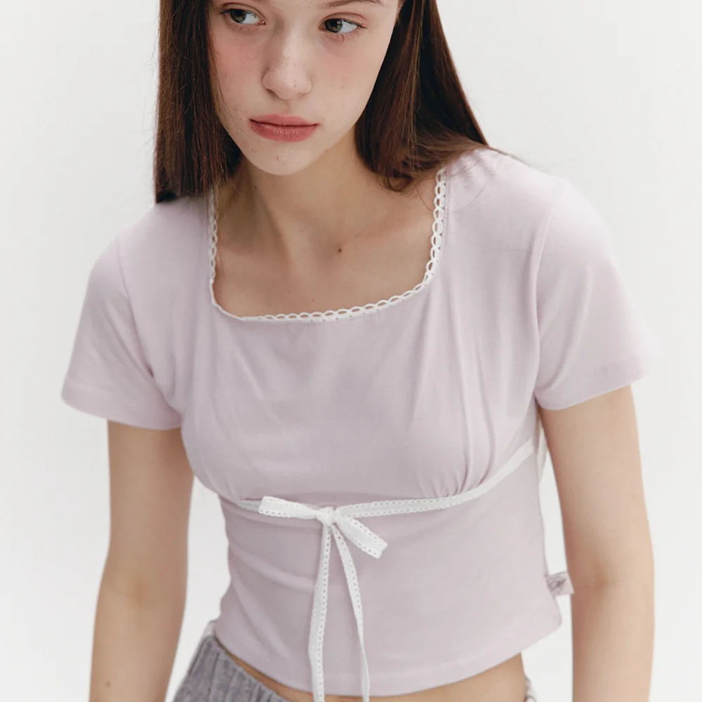 Lace Ribbon Shirring Top Pink
