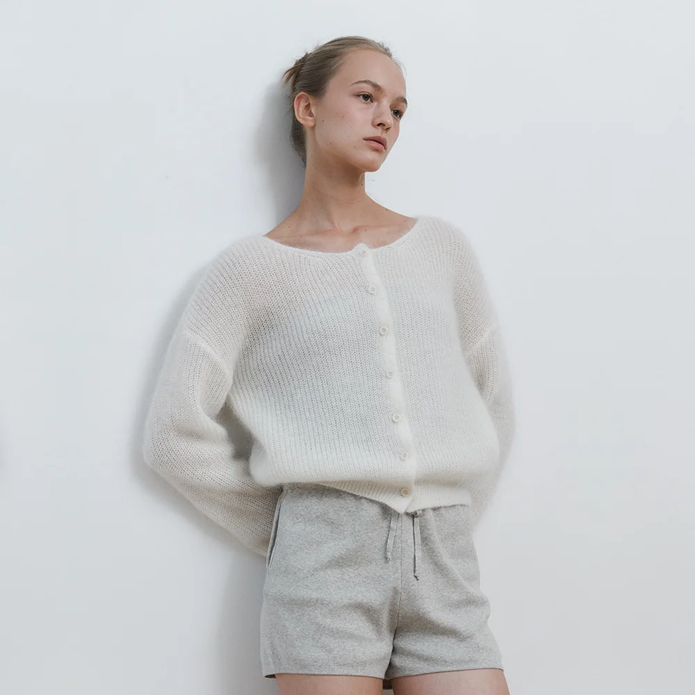 Mouse Kid-Mohair Cardigan (Ivory)