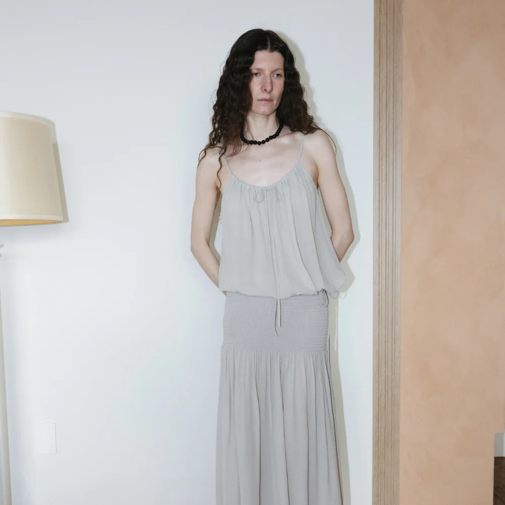 Sheer Shirred Camisole Blouse (Light Gray / Brown)