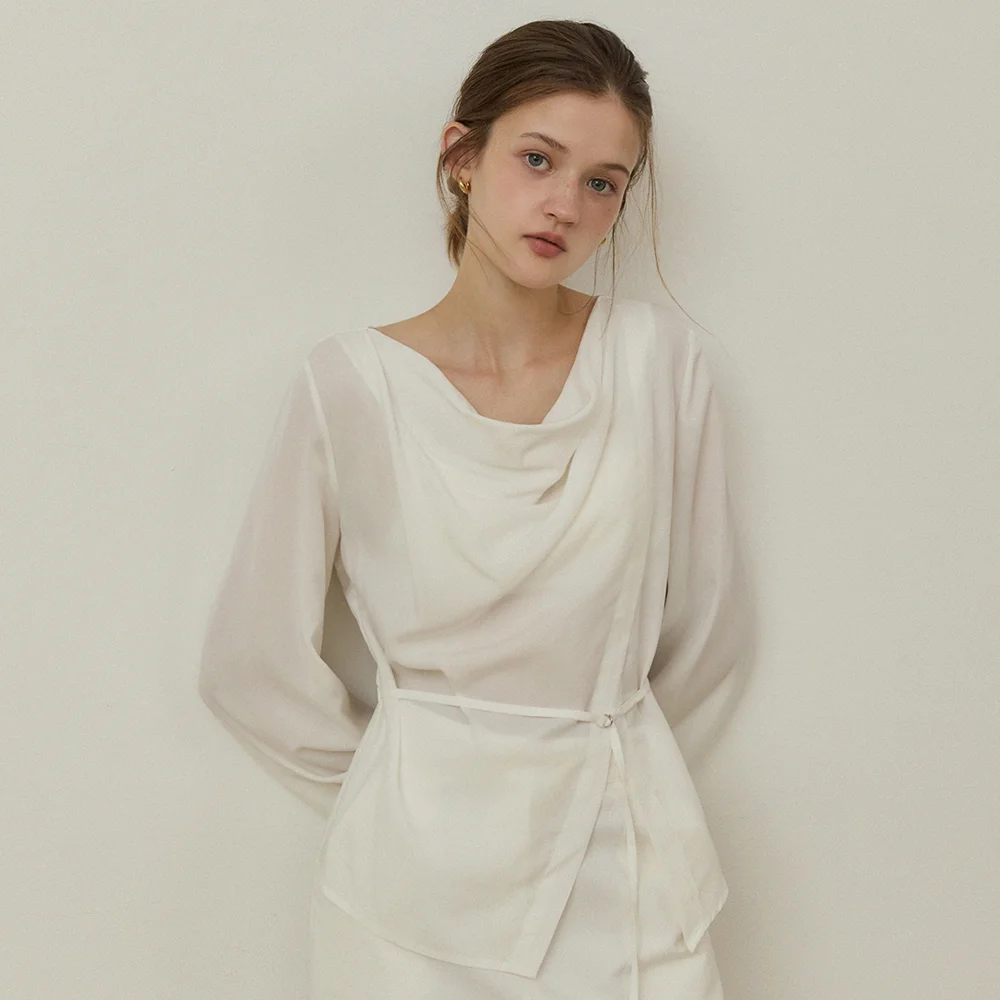 Drape neck belted blouse - white