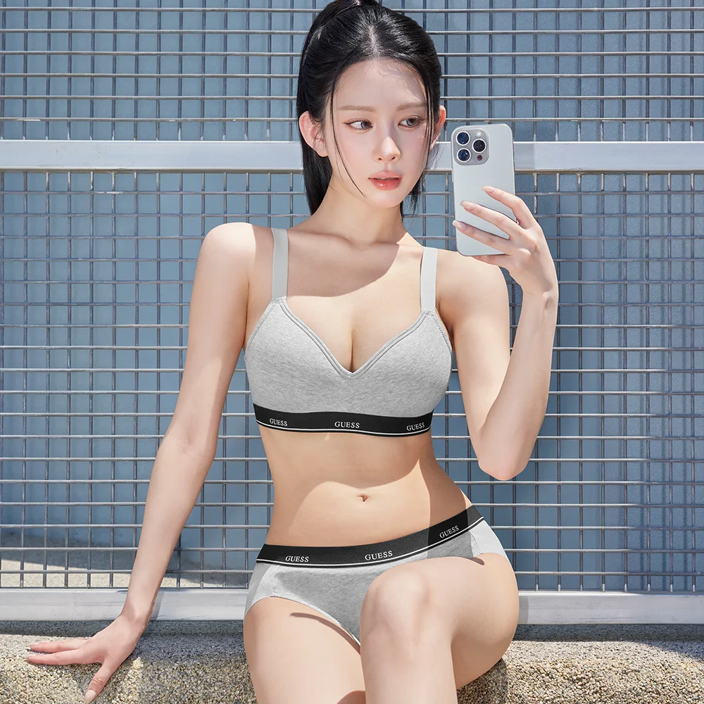 標誌款 純棉 無鋼圈 胸圍 內褲 套裝 - 4Colors