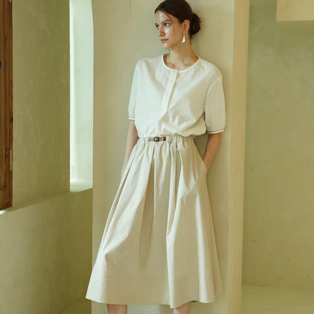 Tuck Detail Flared Skirt _ Beige