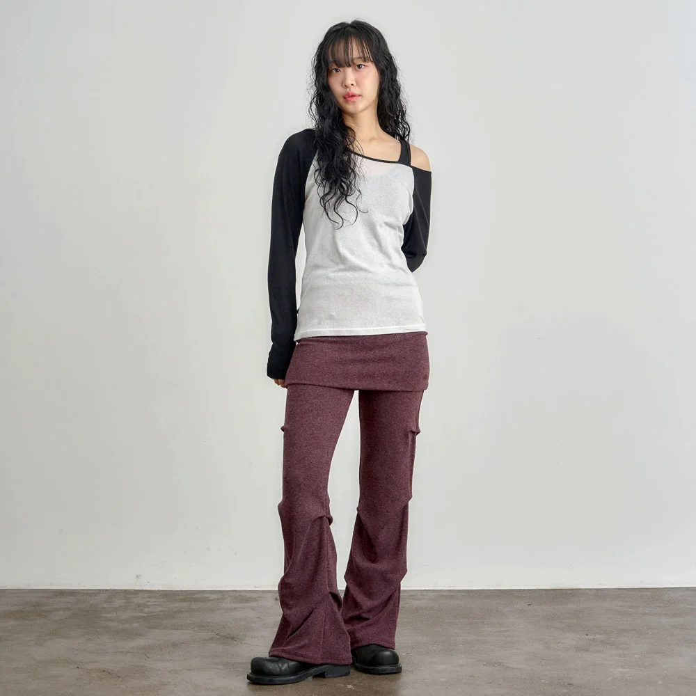 ke609-Shirring Skirt Leggings Burgundy