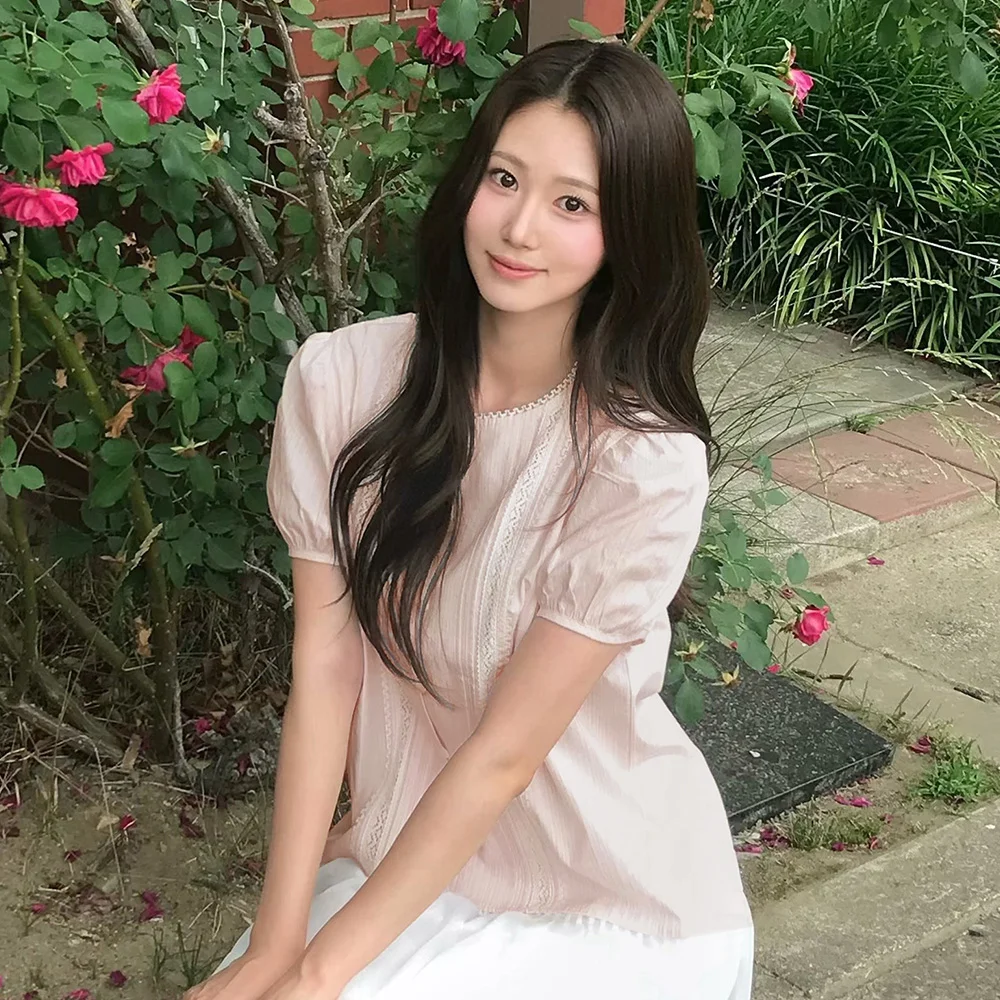 Elly 蕾絲 細褶 雪紡衫 - Light Pink