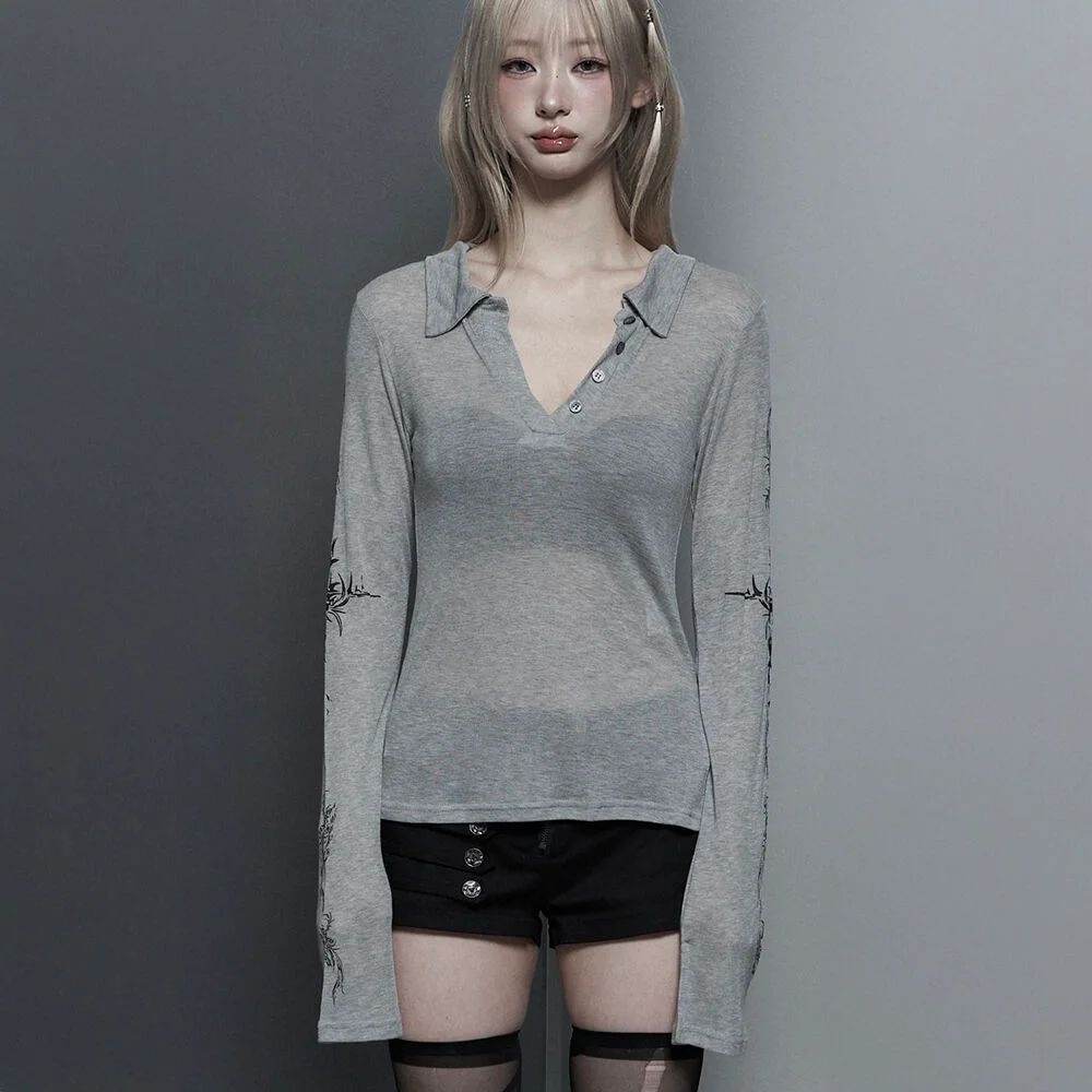 Rib Collar tattoo Long Sleeve Top (Light Gray)