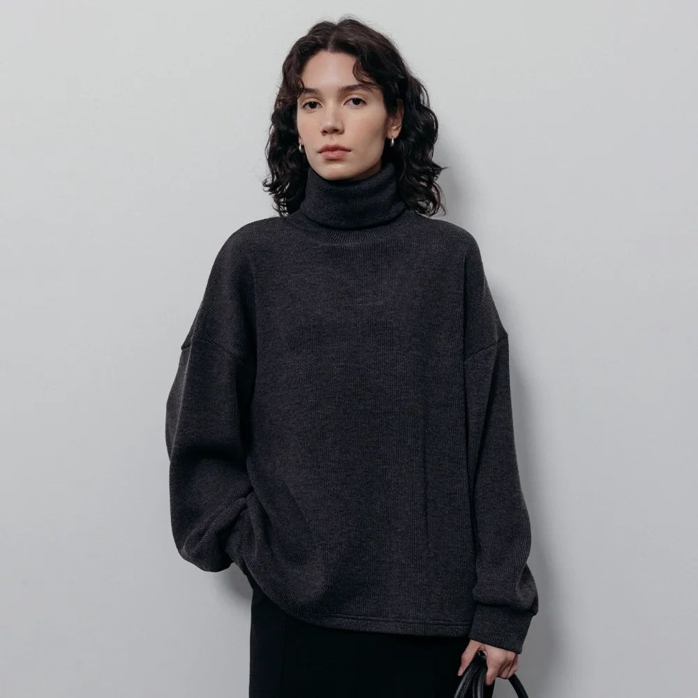 Ribbed Loose Turtle Neck T-Shirt (Charcoal)