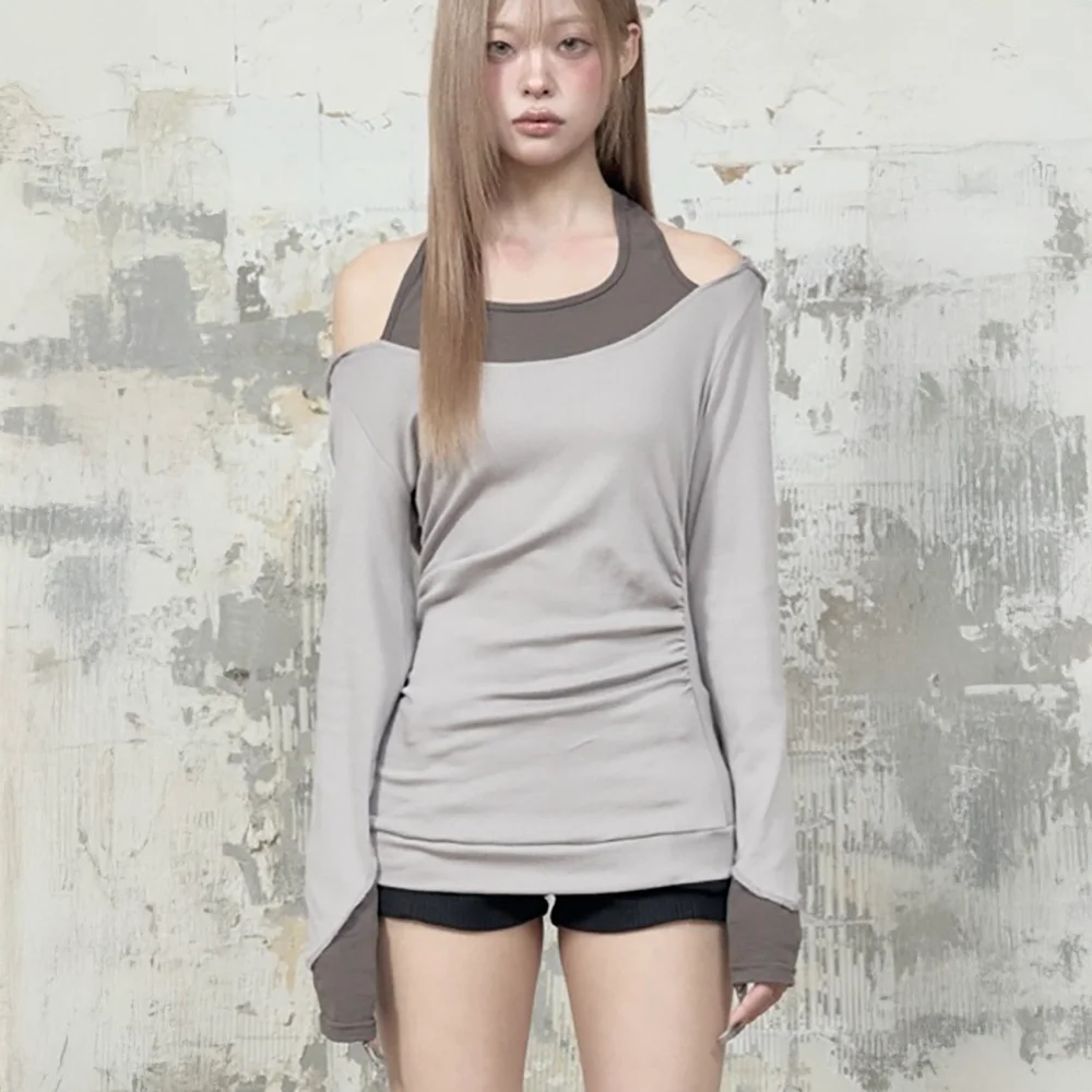 Halter-Neck Hooded Slim-Fit Long Sleeve Top (Moca)