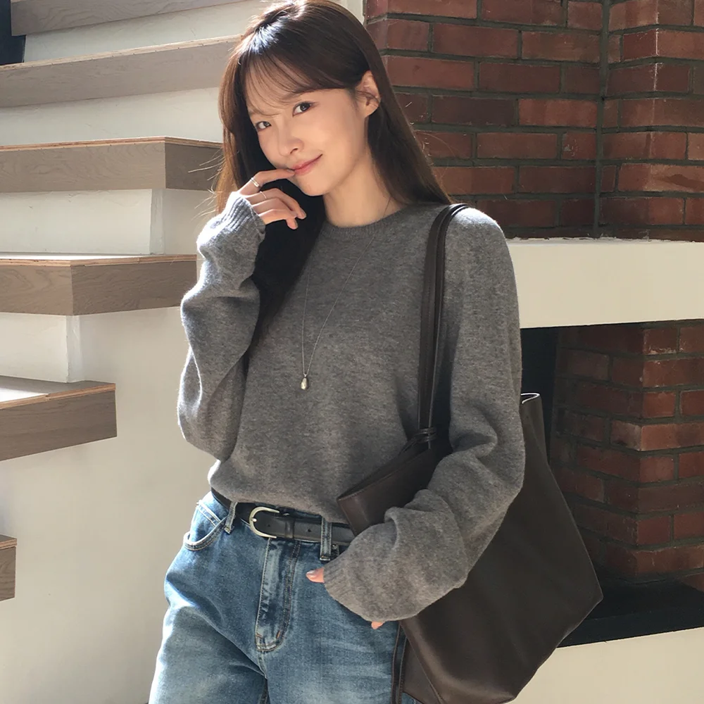 CASHMERE BLENDED ROUND WOOL KNIT _Gray