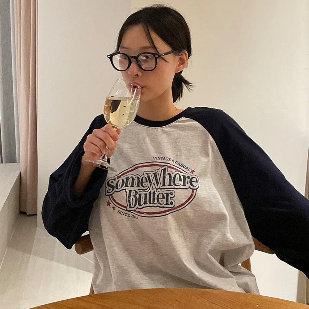 Wave Logo Raglan Long Top - White Melange(Navy)
