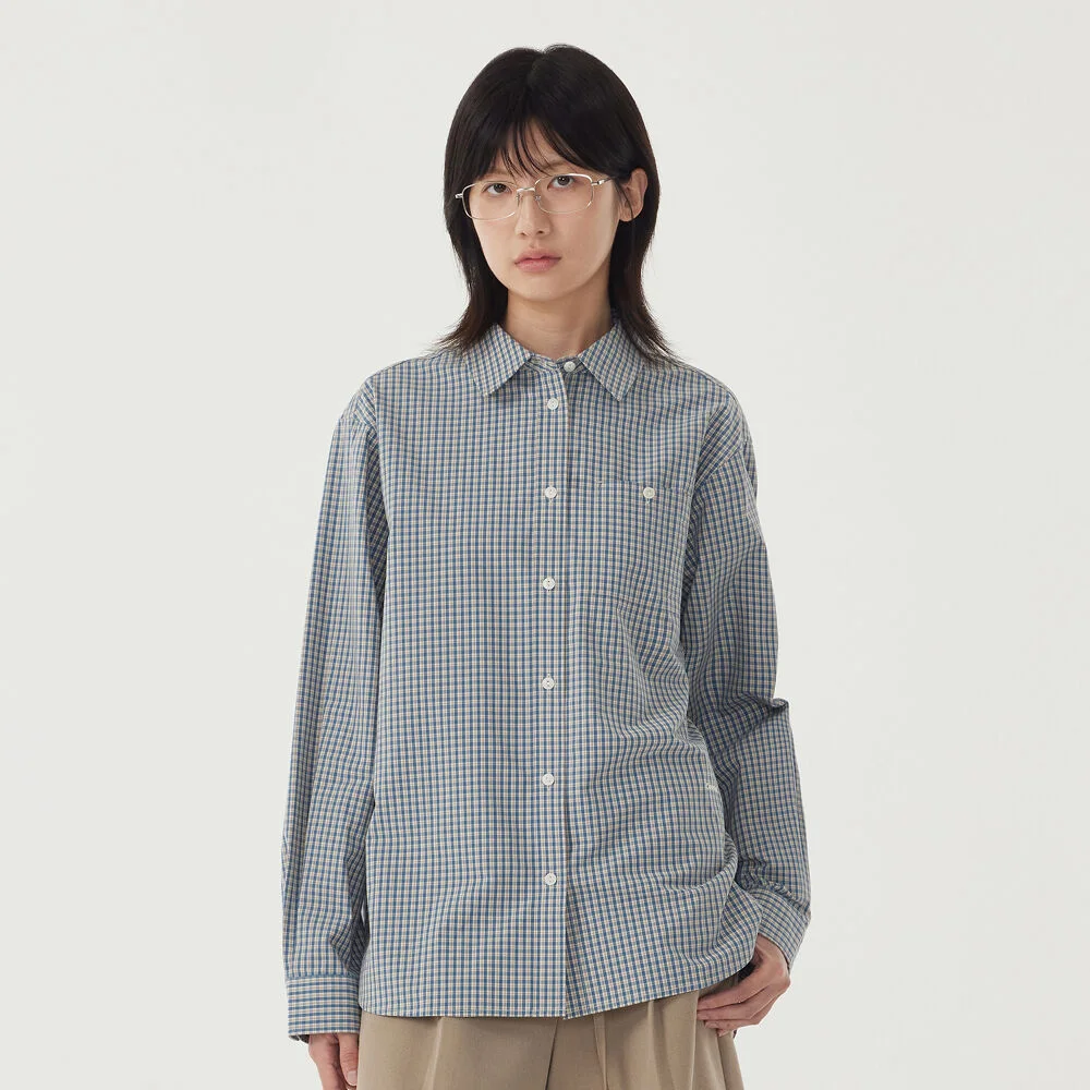 女裝 格紋 府綢 襯衫 Blue