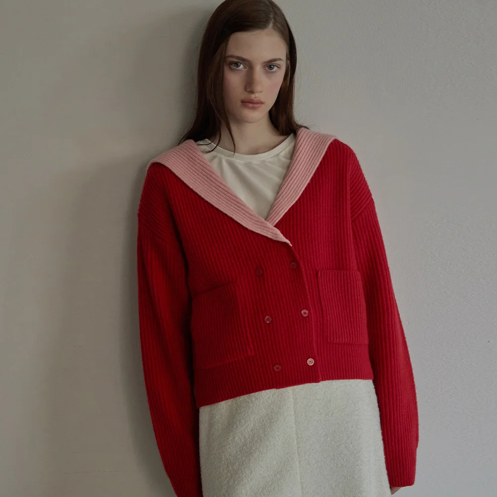 Sailor collar double cardigan - Red
