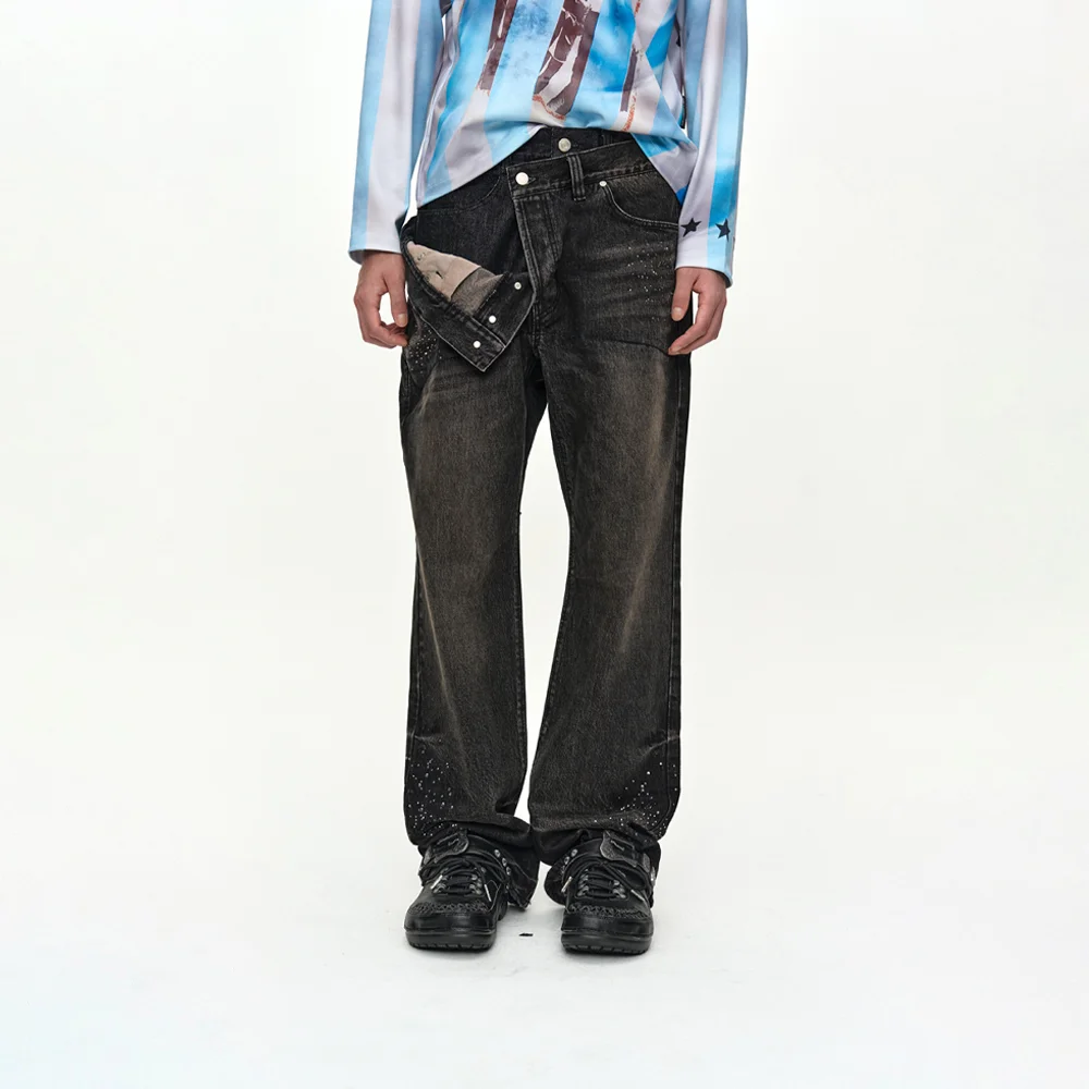 UNISEX ASYMMETRIC LAYERED HOT-FIX WIDE-LEG JEANS apa912u(BLACK)