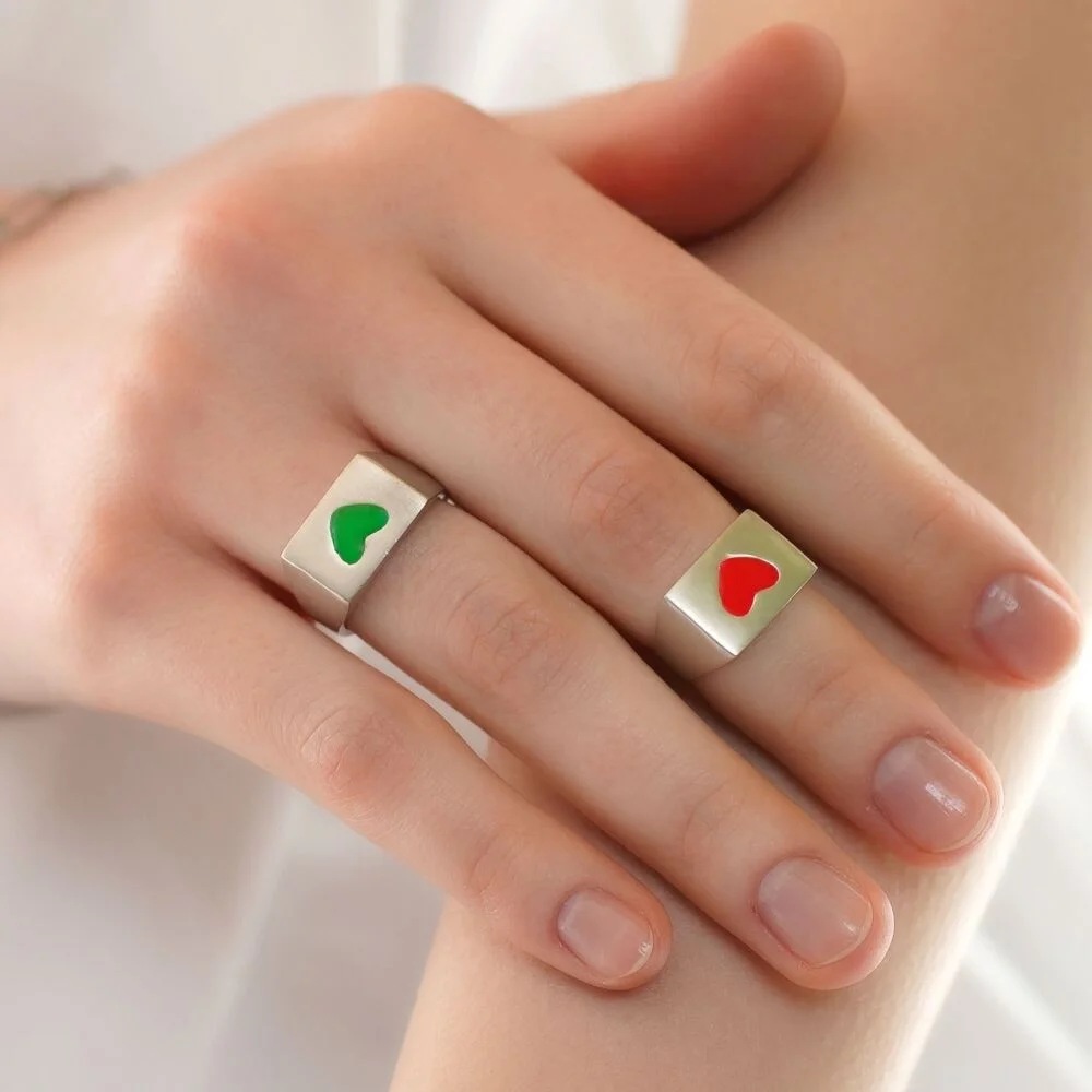 Color enamel heart signet Ring 漆皮 心形 白K金 電鍍 粗身戒指 戒指