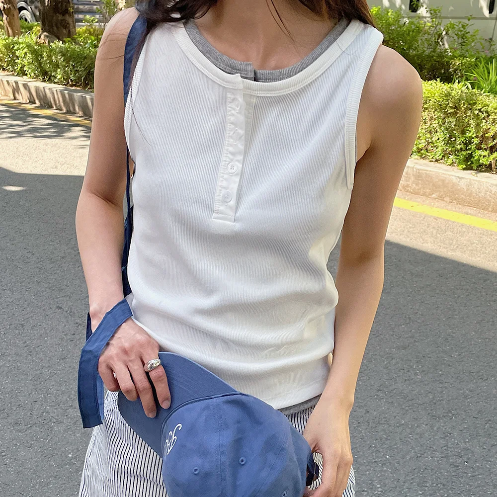 Button sleeveless t-shirt (3colors)