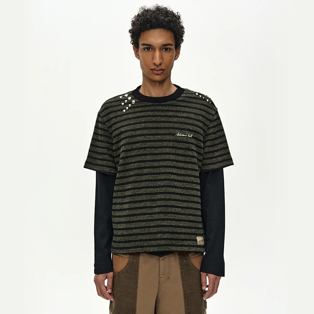 UNISEX STUDDED STRIPE LAYERED SWEATER (BLACK)