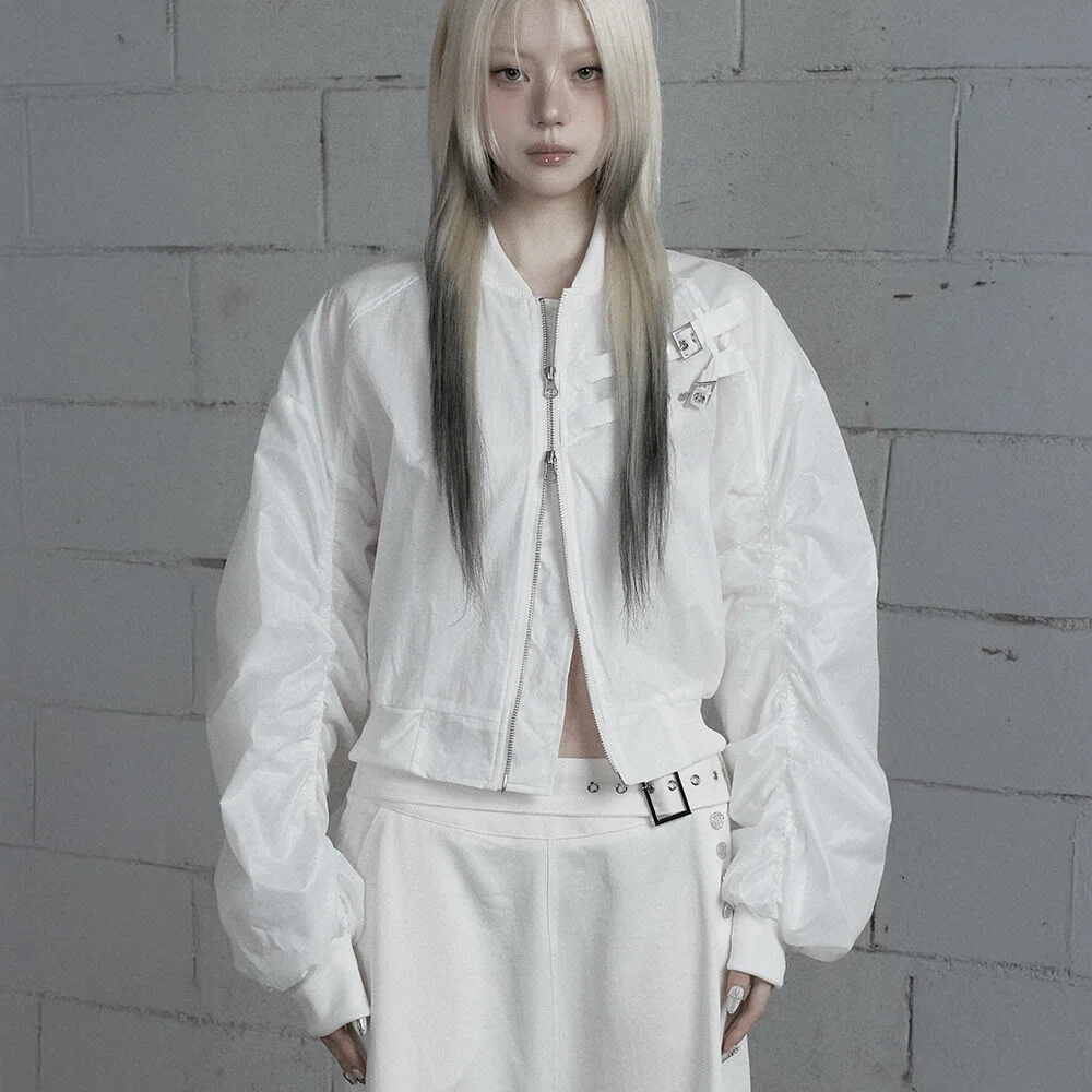 Chest Belt Tipstop Shirring Crop Jacket (White)