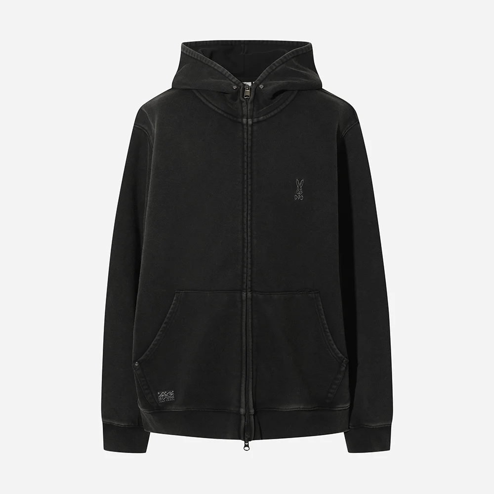 褪色 水洗 連帽拉鍊外套(BLACK)