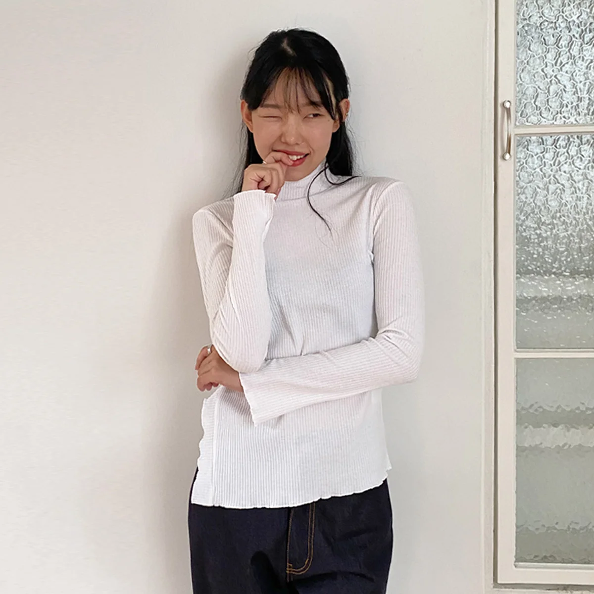 High neck Slit Ribbed Jersey Top Ivory