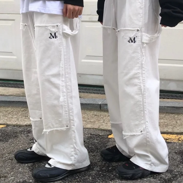 雙膝 破損 細節 油漆工褲 水洗 鬆緊帶 褲子 男女通用 (2色)