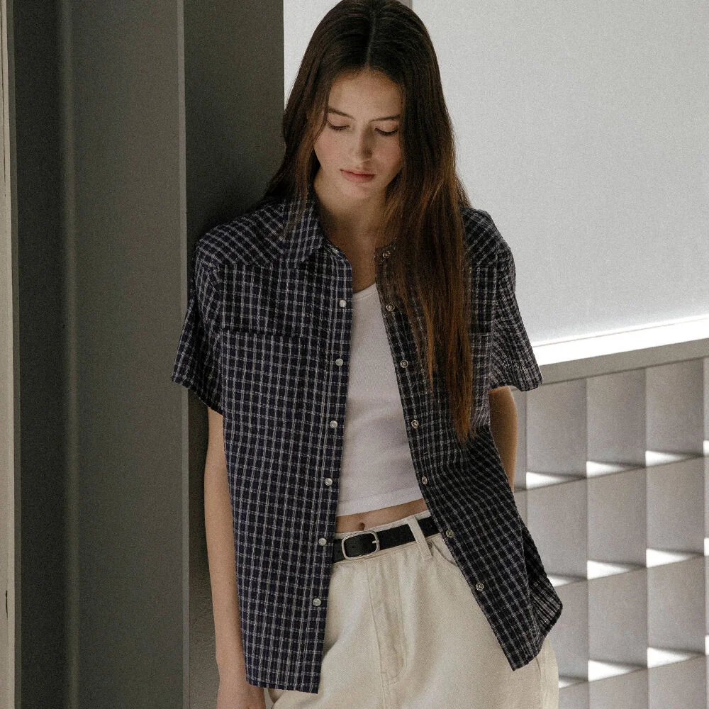 Seersucker check shirt _Navy