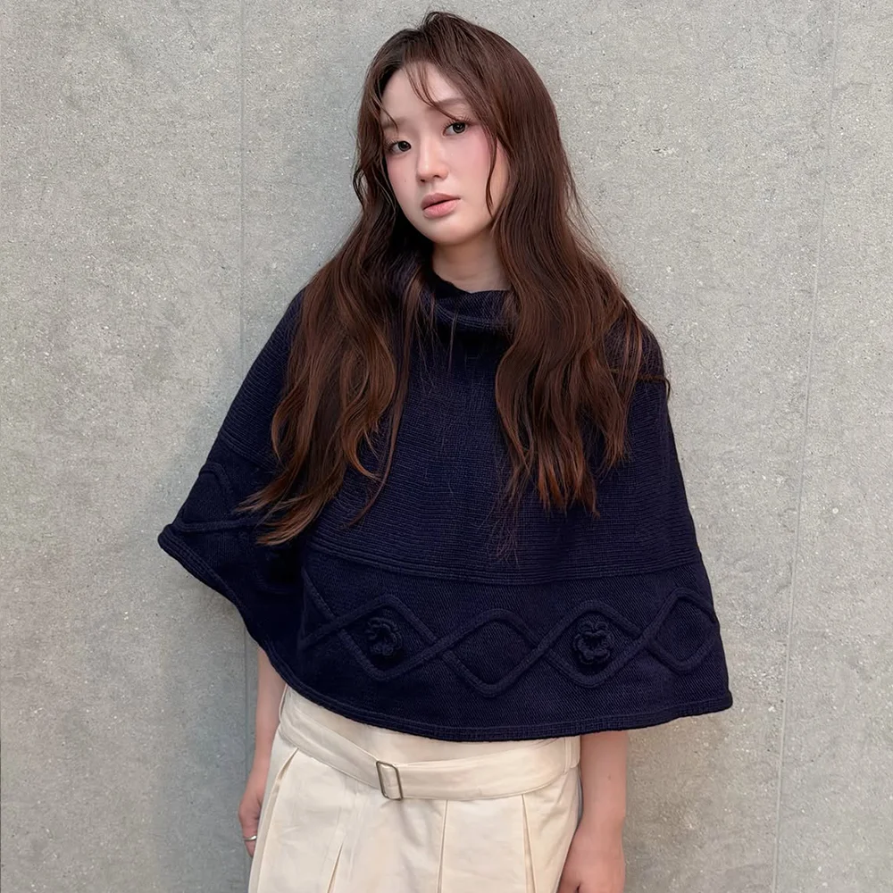 High Neck Knit Cape (Navy)