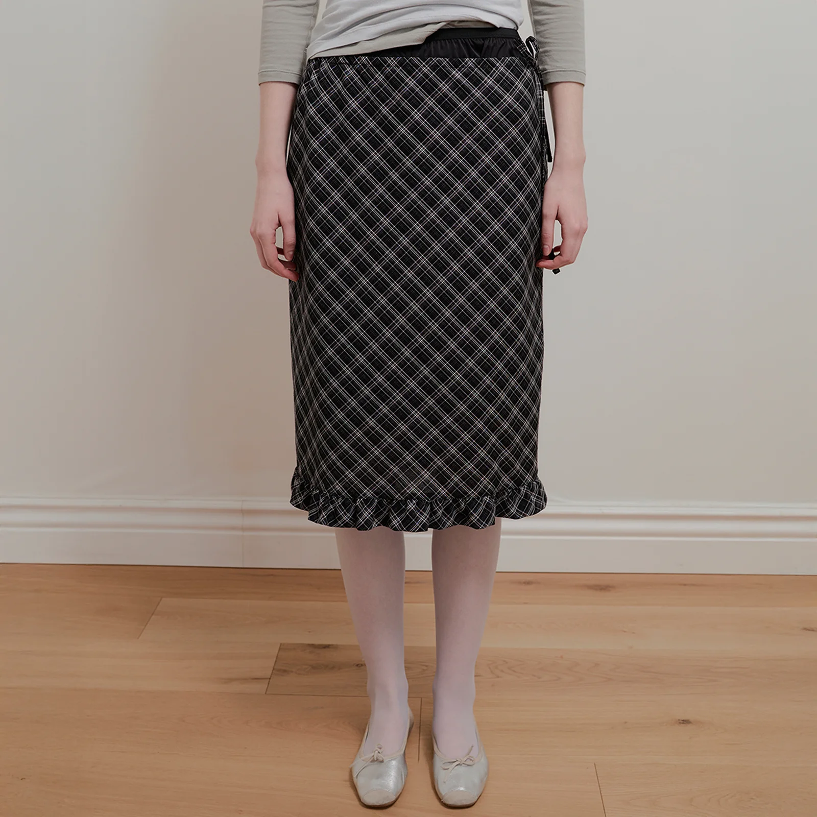 FRILL LAYERED CHECK SKIRT - BLACK