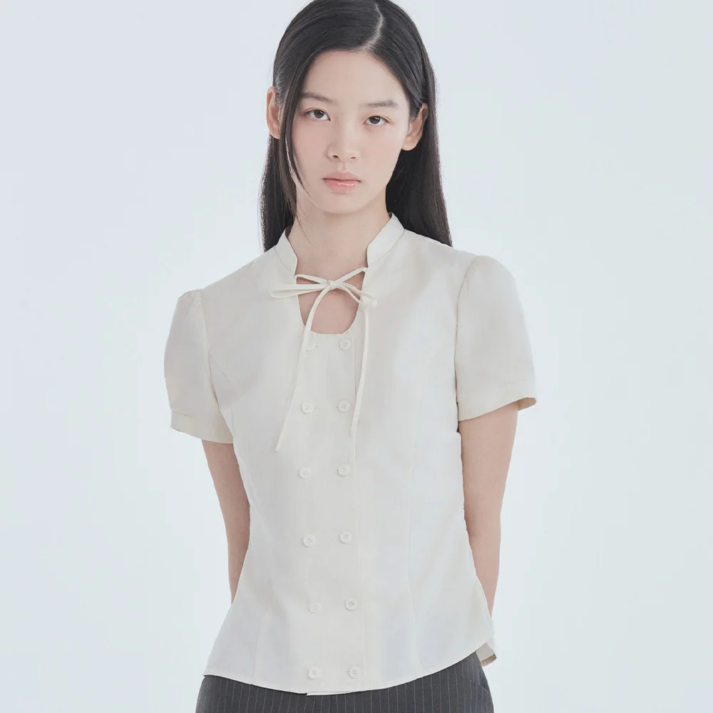 String Tie Double Button Blouse - Cream